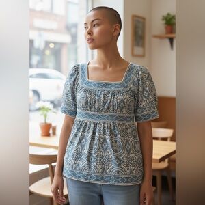 BCBGMaxAzria Blue and White Patterned Top